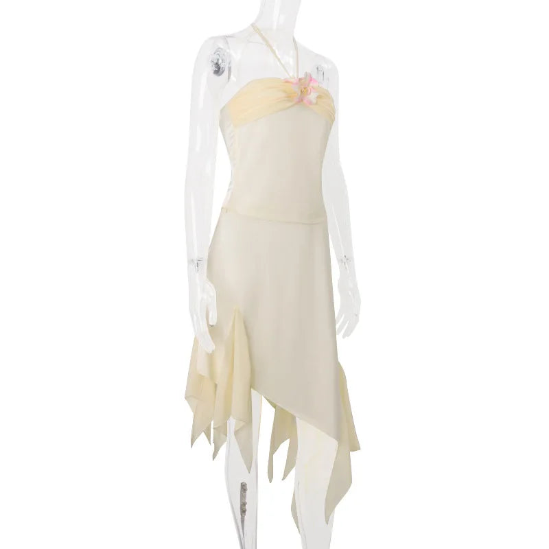 Beige Floral Frill Halter Midi Dress