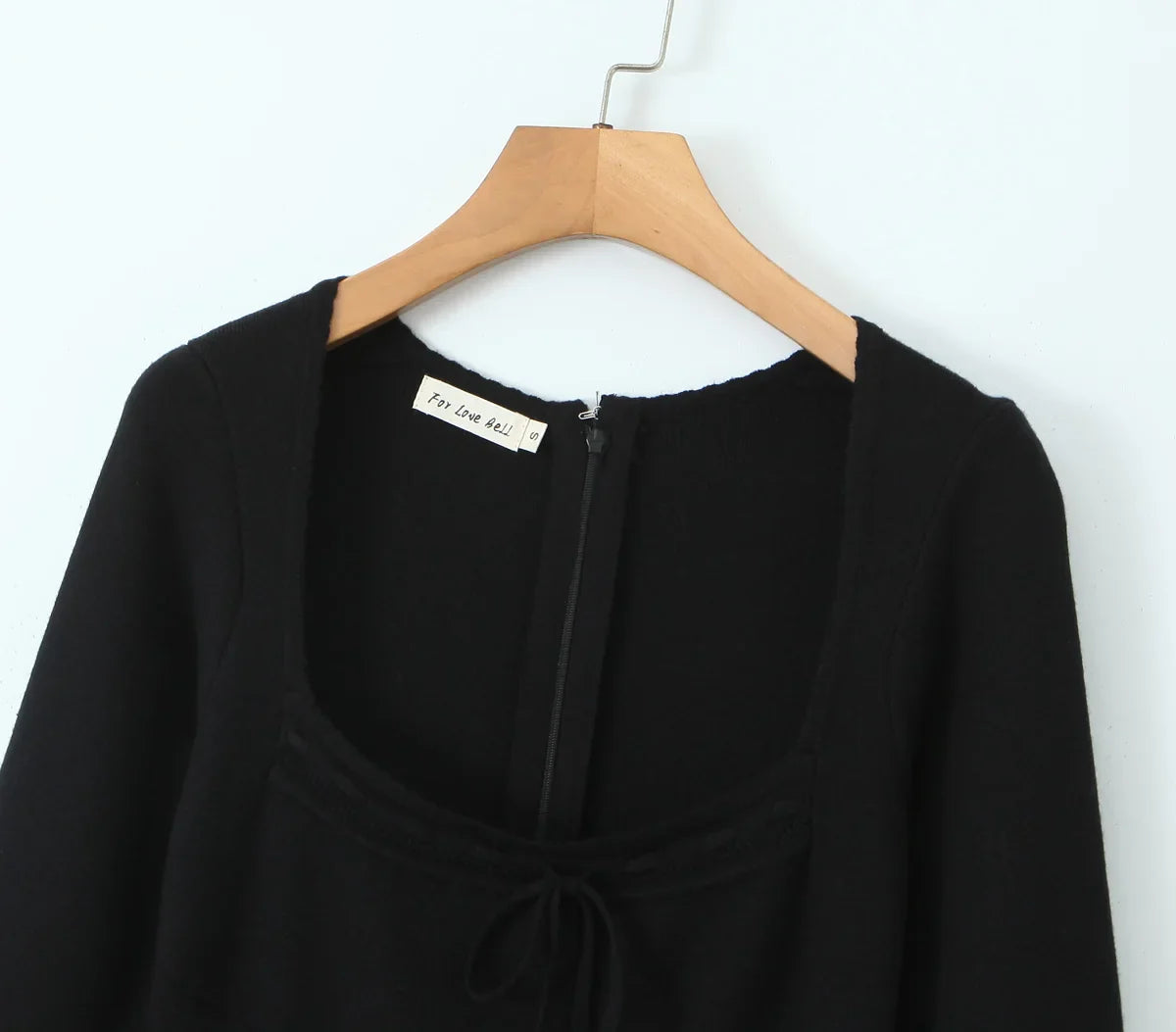 Ribbed Square Neck Long Sleeve Ribbion Mini Dress