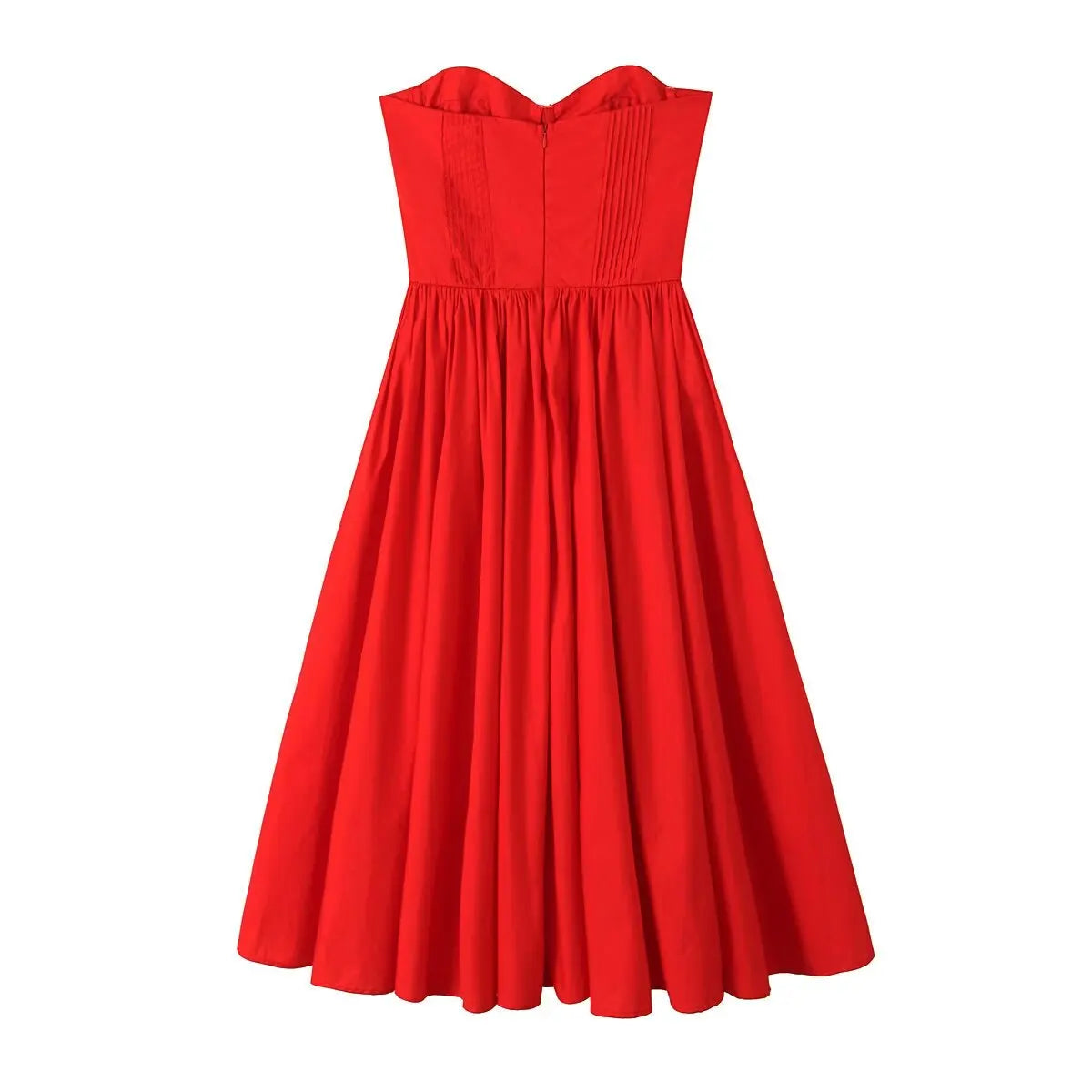 Red Bustier Pleated Flare Midi Dress