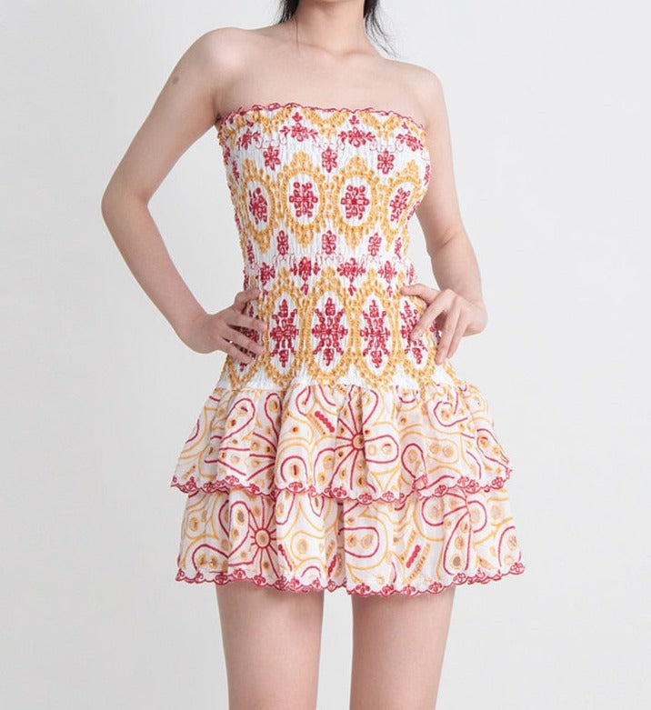 Embroidered Design Tube Ruched Mini Dress