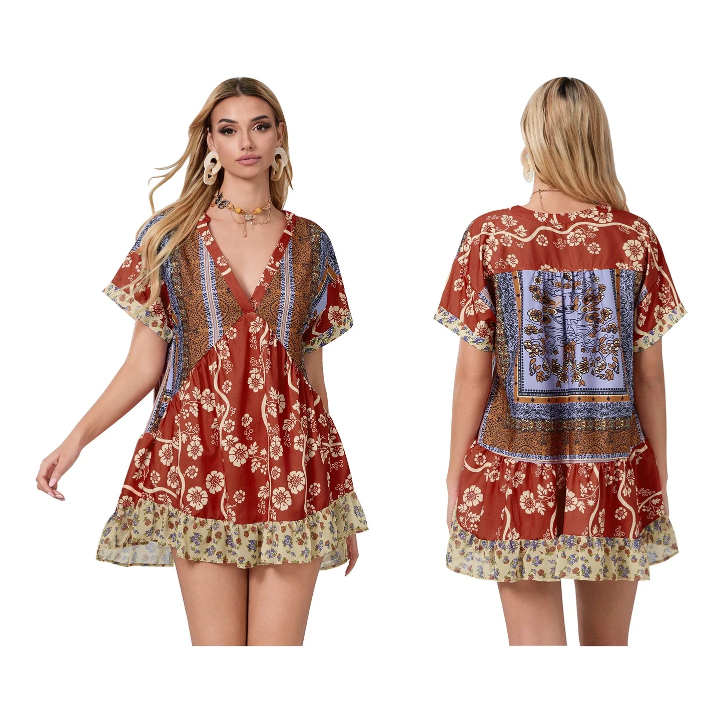 Floral Print Short Sleeve V-Neck Ruffled Hem Loose Mini Dress with Pockets