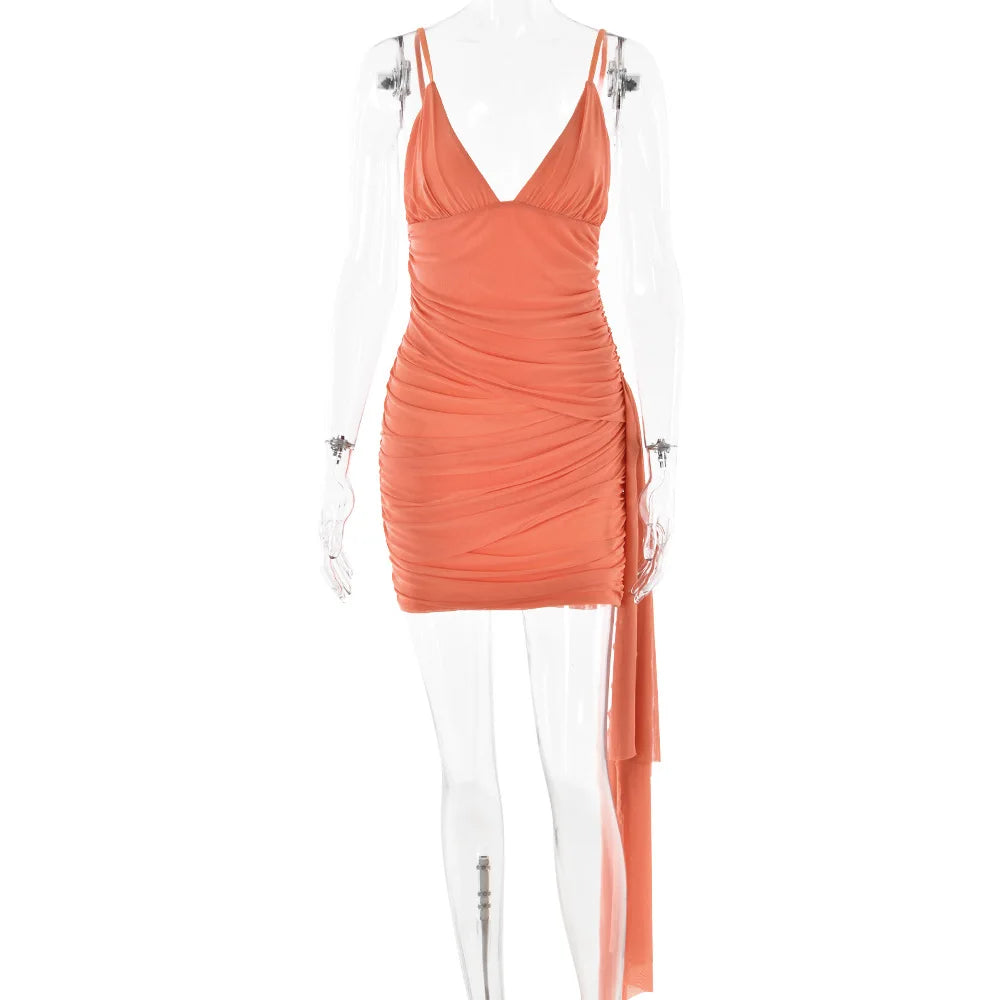 Orange V-neck Bandage Bodycon Mini Dress