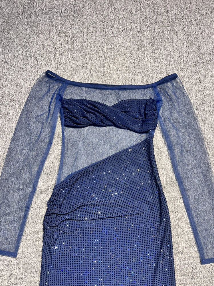 Rhinestone Slash Neck Long Sleeve Patchwork Maxi Dress