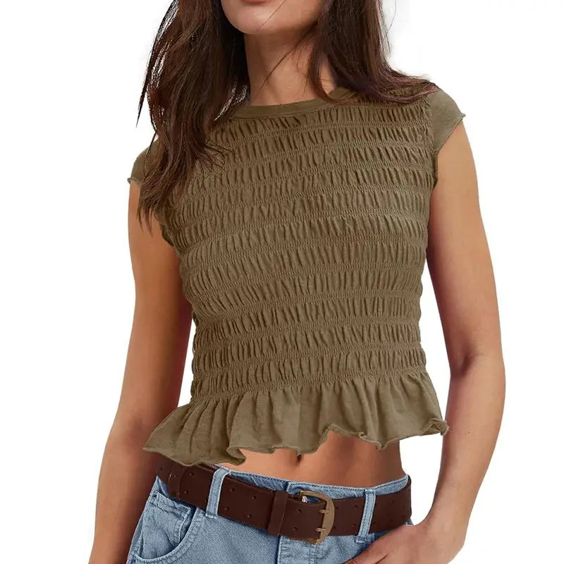 Smocked Ruffle Hem Short Sleeve Top