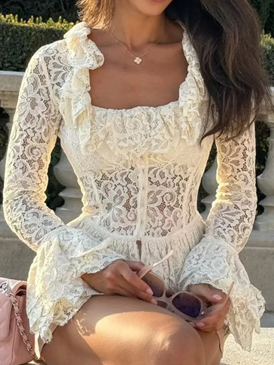White Lace Ruffle Sleeve Top