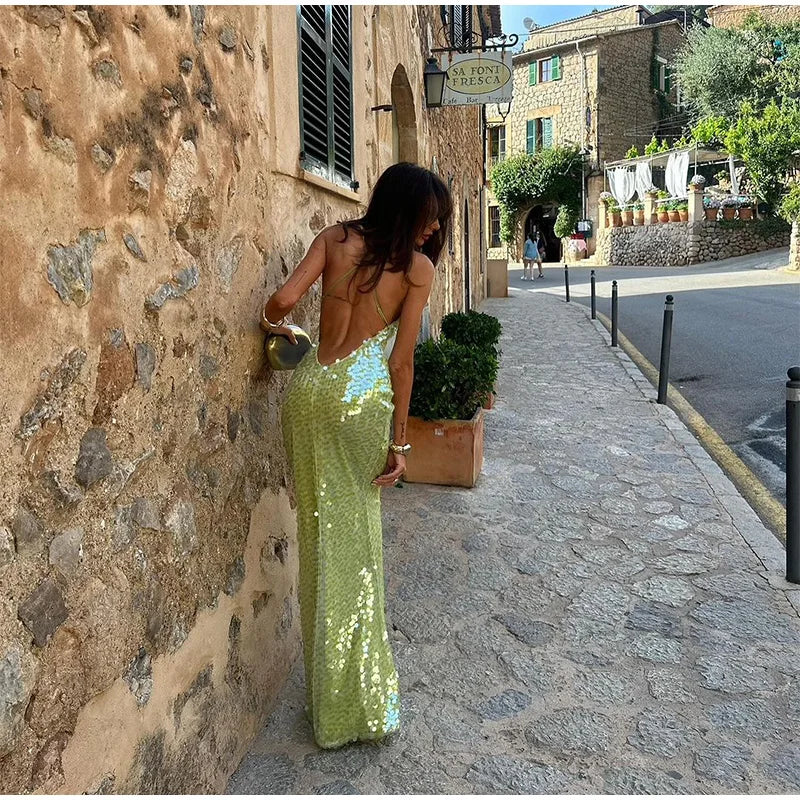 Green Sequin Backless Sling Maxi Dress