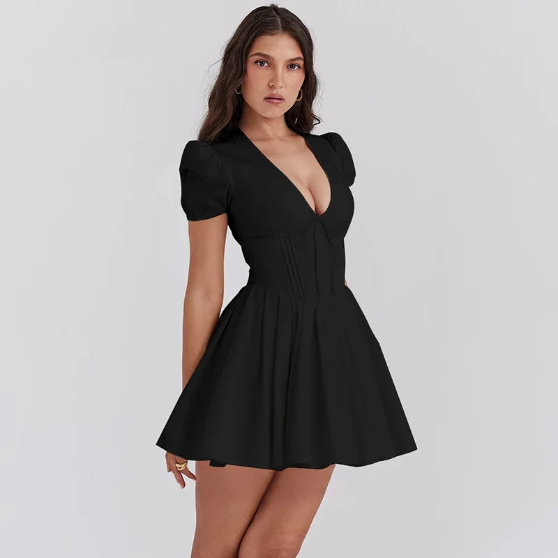 White V-neck Puff Sleeve Corset Mini Dress