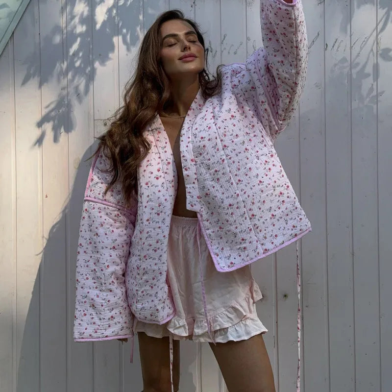 Women's Pink Printed Casual Knit Cardigan - Autumn/Winter Warm