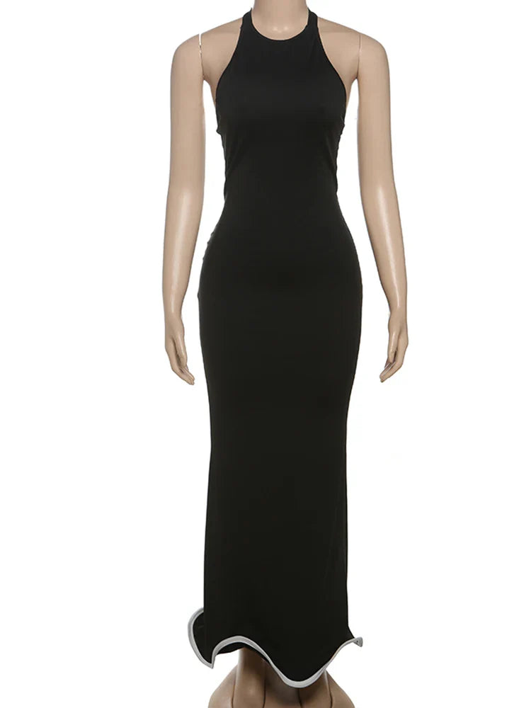 Solid Black Irregular Trim Maxi Dress