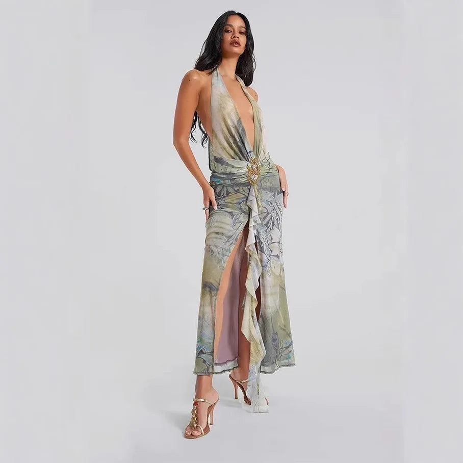 Printed Deep V-neck Maxi Dress