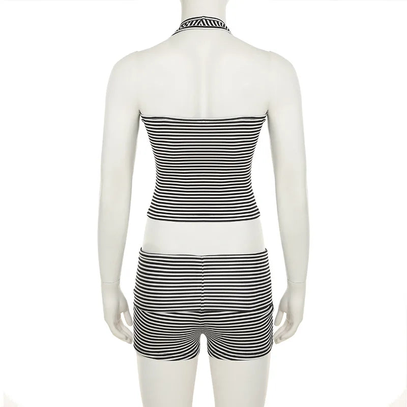 Black and White Stripe Halter Top And Shorts Set