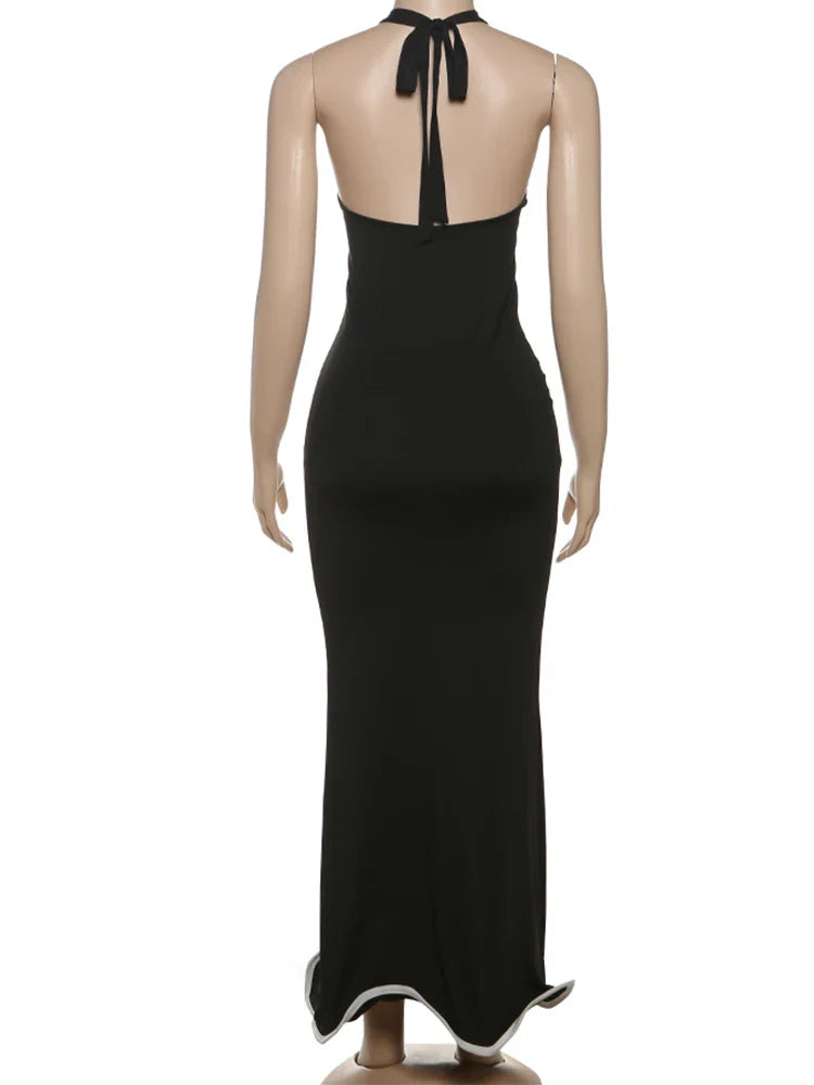 Solid Black Irregular Trim Maxi Dress
