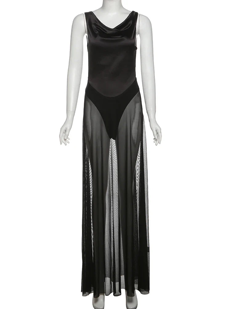 Maxi Sheer Bodysuit Cowl Neck Dress