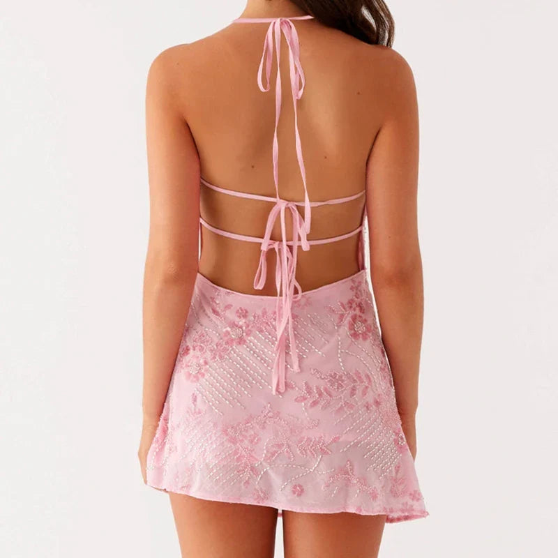 Glitter Cowl Neck Backless Cami Mini Dress