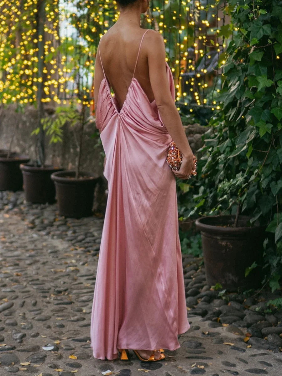 Pink Satin Drape Style Maxi Dress
