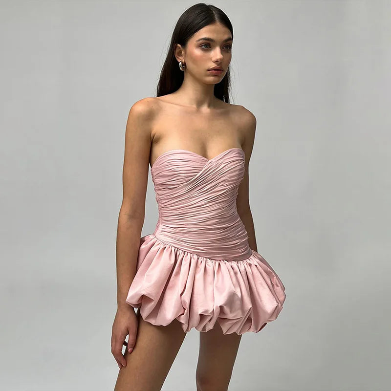 Satin Ruched Puff Mini Dress