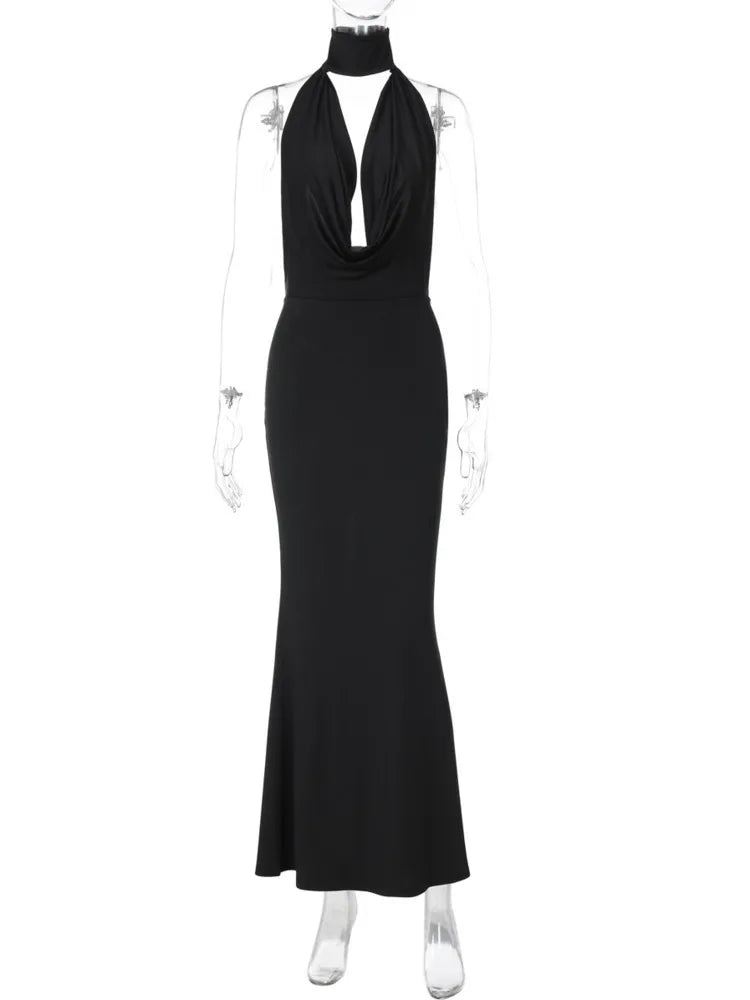 Halter Hollow Out Backless Satin Maxi Dress