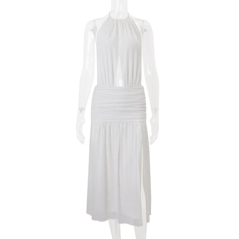 Deep Open Back Sheer Halter Maxi Dress