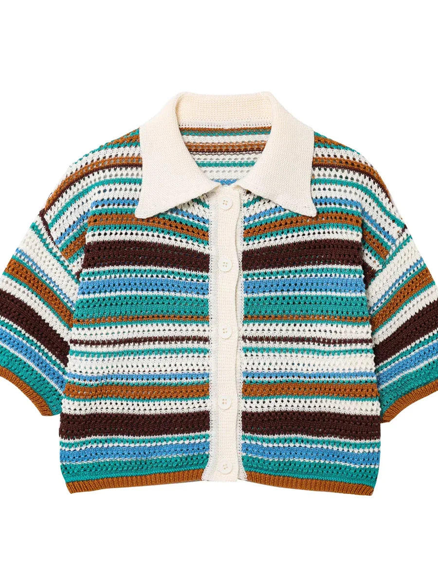 Stripe Colourful Collar Buttoned Shirt And Shorts Set