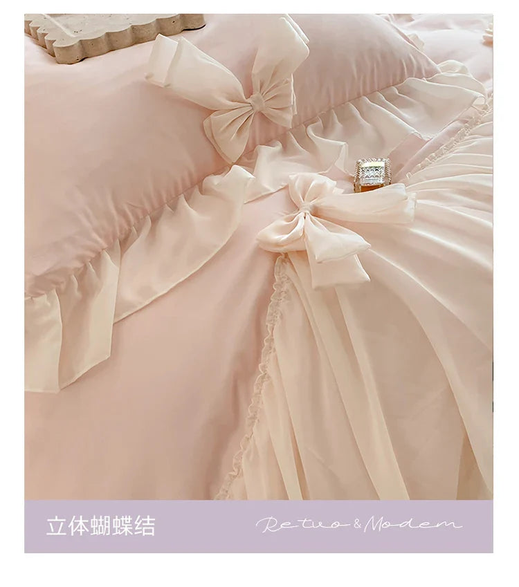 Korean Princess Style Bedding Sets Ruffle Lace Bow Quilt Cover Romantic Bedclothes Decor Woman Girls Bedroom/ Bedding Set