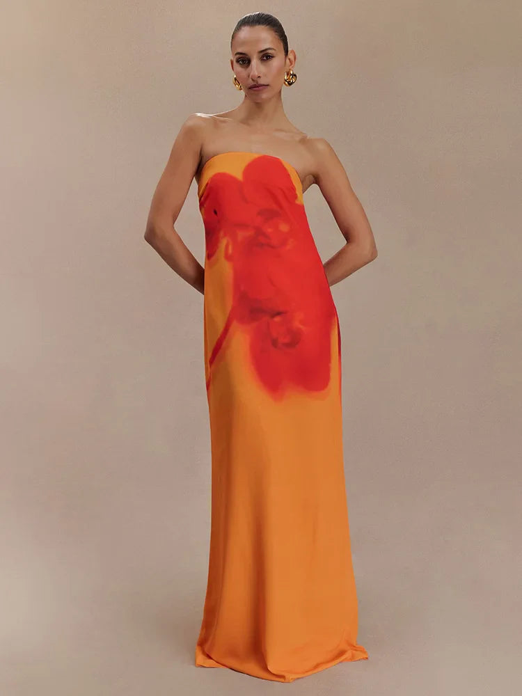 Orchid Floral Print Strapless Straight Maxi Dress