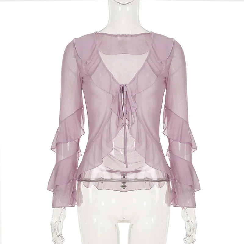 Purple Mesh Ruffled Cardigan Top