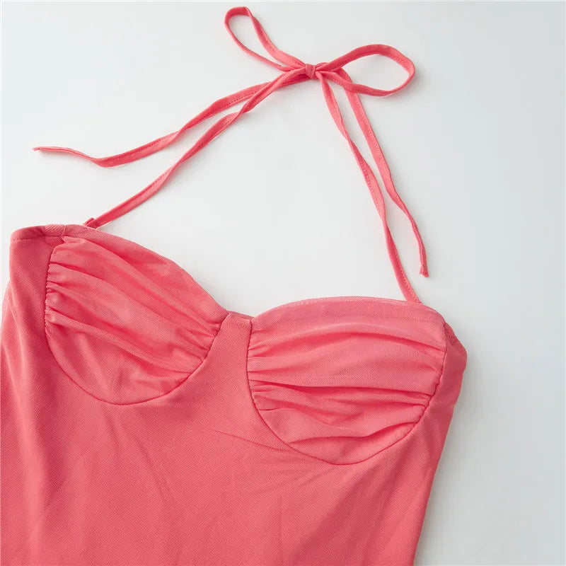 Pink Mesh Halter Strap Maxi Dress