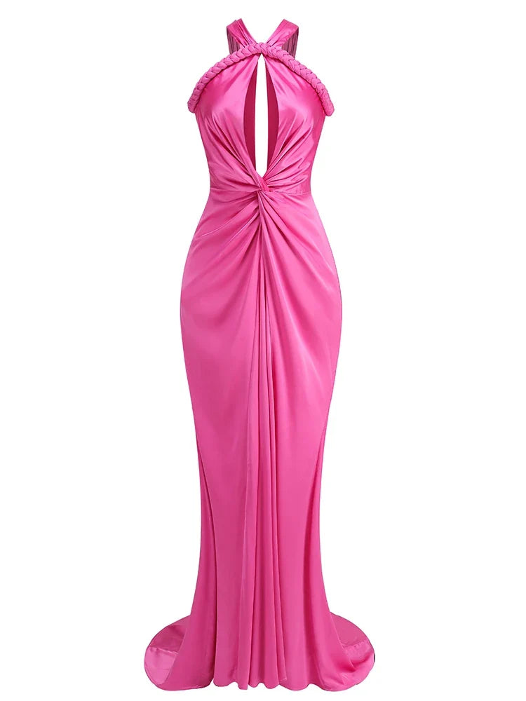Braided Strap Satin Twisted Maxi Dress