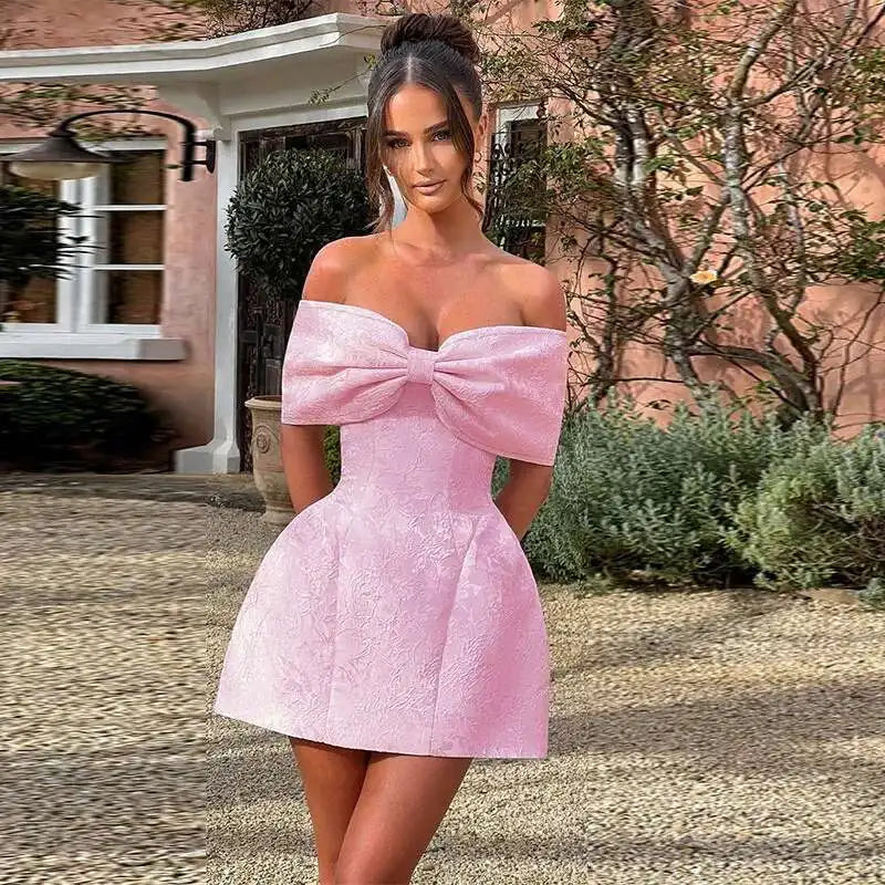 Large Bow Off Shoulder Jacquard Mini Dress