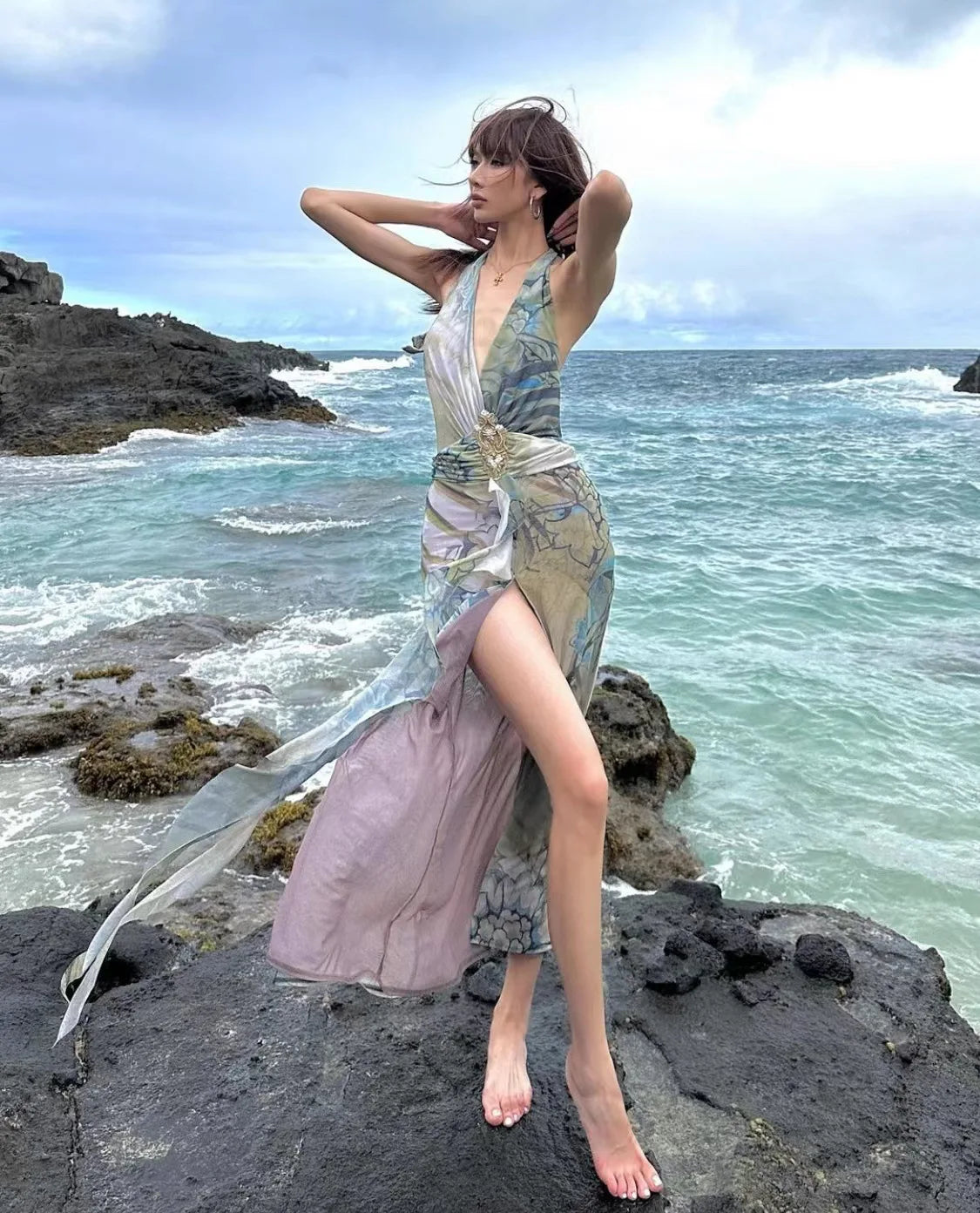 Printed Deep V-neck Maxi Dress