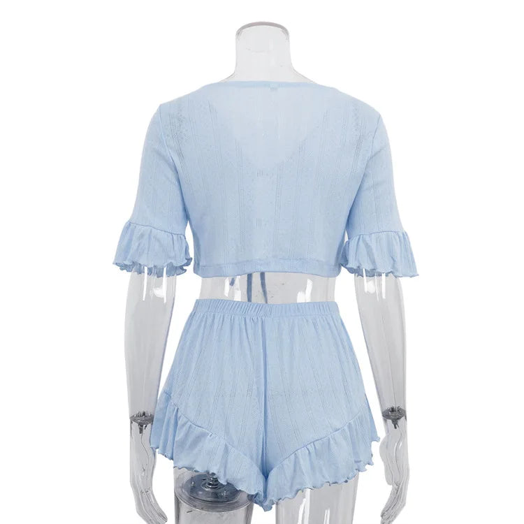 Lace-Up Ruffled Crop Top And Shorts Two Piece-Set