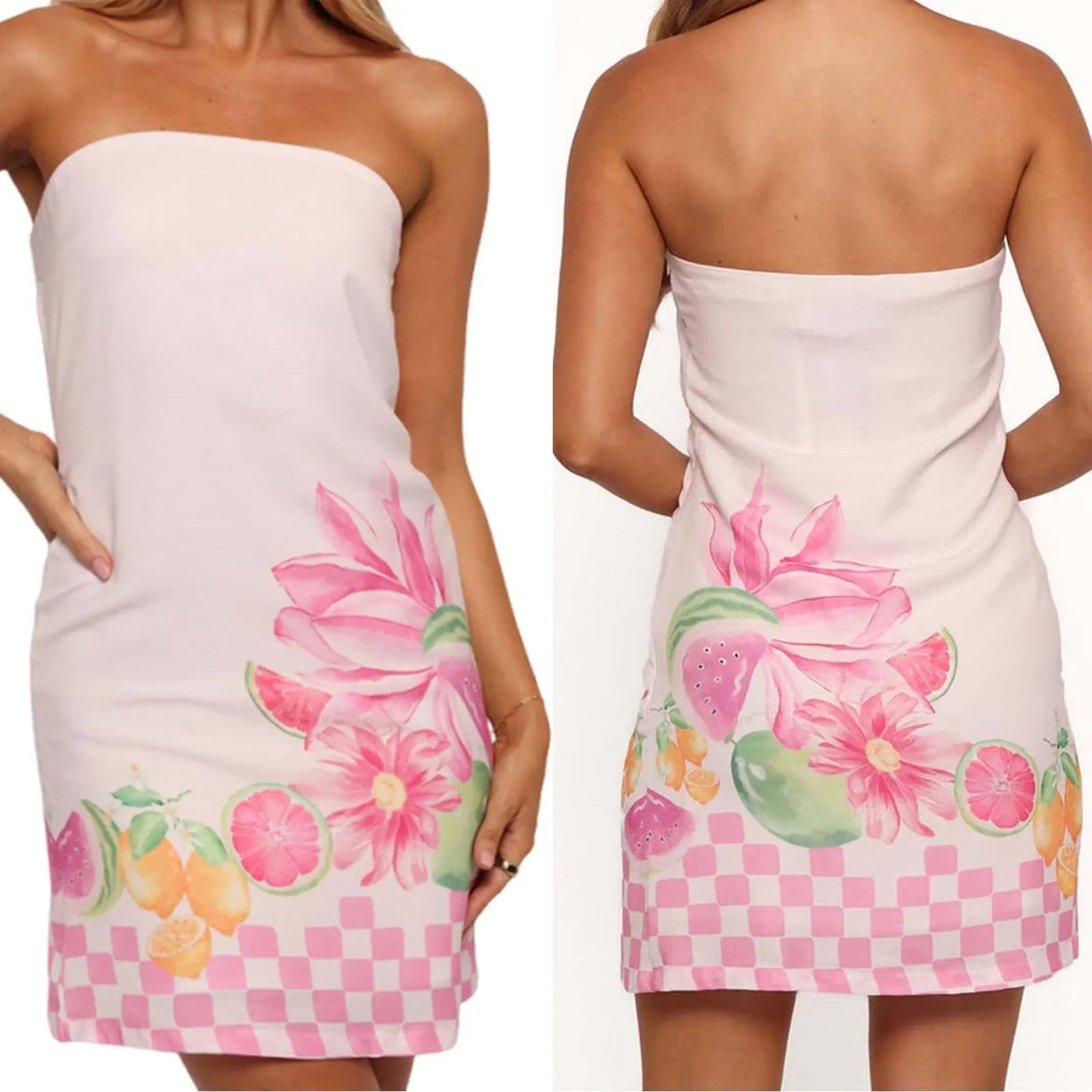 Strapless Flower Fruit Print Short A-line Dress