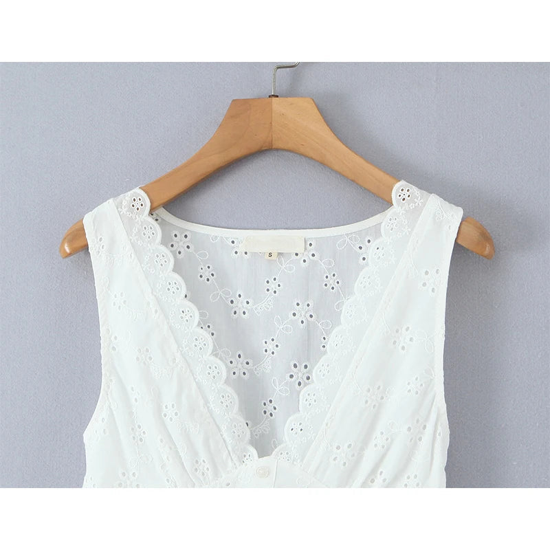 White V-neck Doily Embroidery Mini Dress