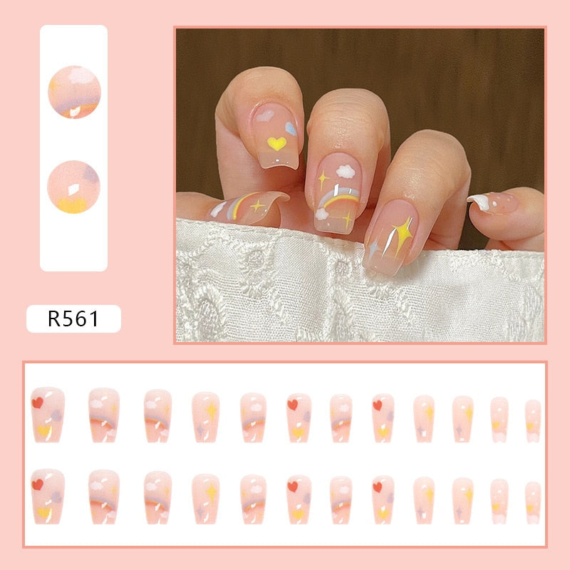 24Pcs/Box New Christmas Elk Snowflake Fake Nails Artificial Short Round Press on Acrylic Nails Tips Coffin Nail with Glue
