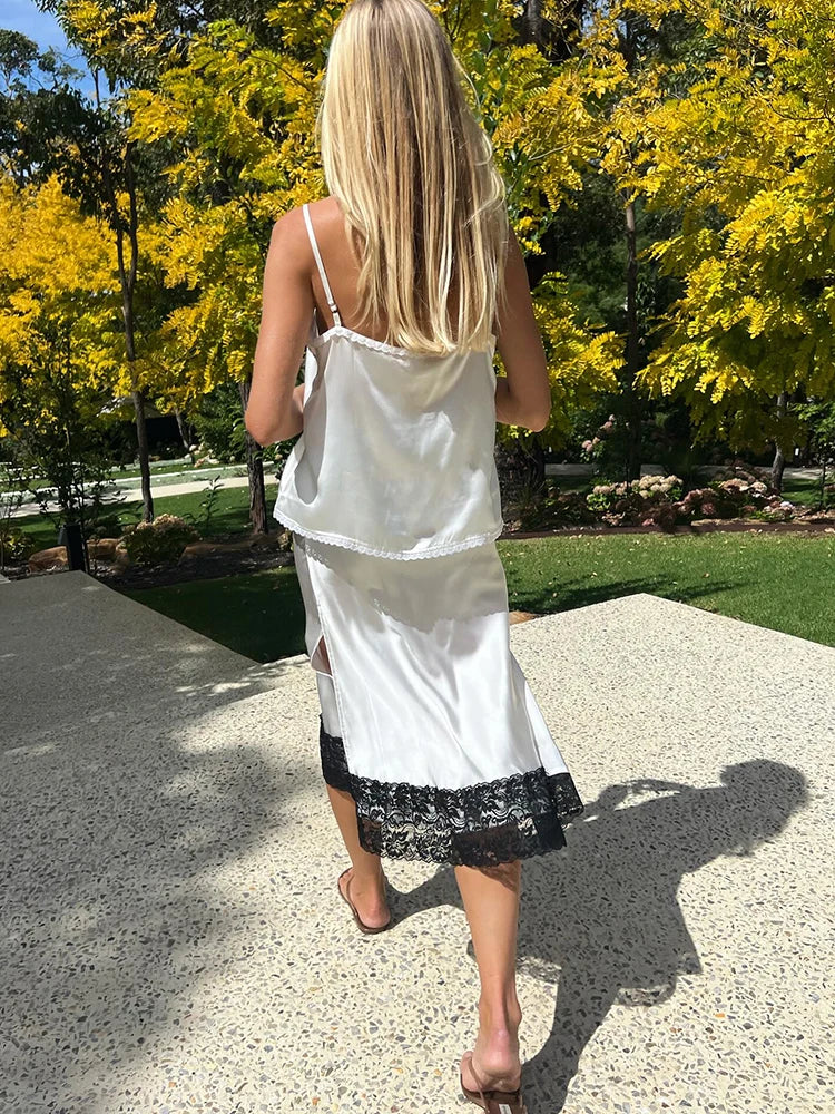 Satin Lace Trim Midi Skirt
