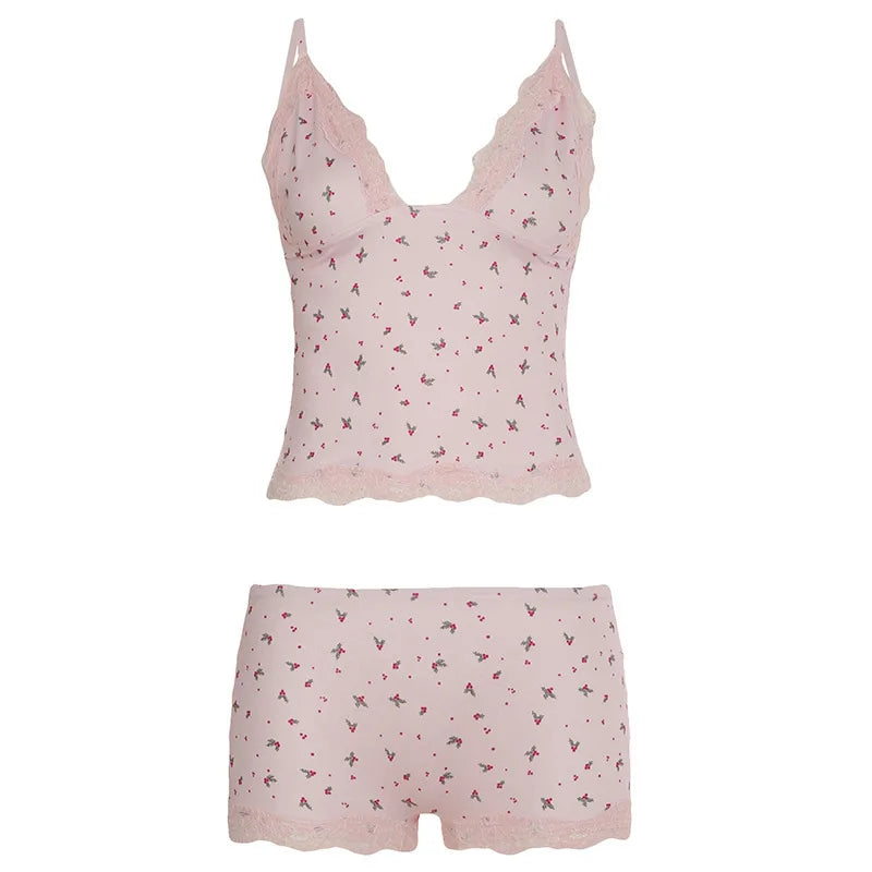 Pink Cami Printed Top And Shorts Pj Sets