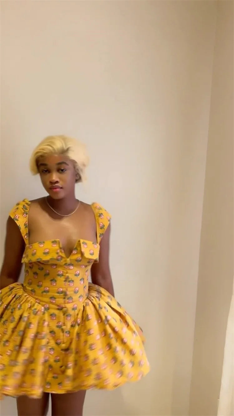 Floral Printed A-Line Low Cut Mini Dress