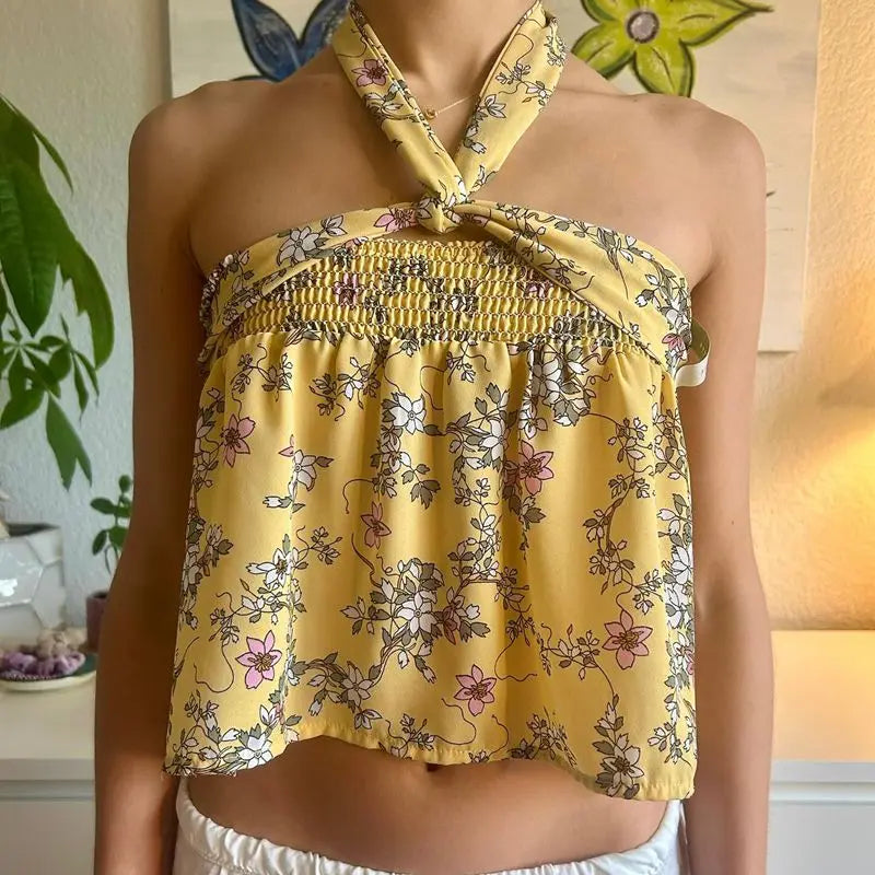Flower Print Smocked Lace-up Tube Top