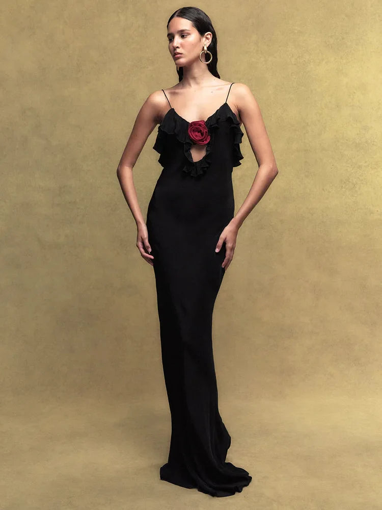 Rose Polka Dot Ruffle Strappy Maxi Dress