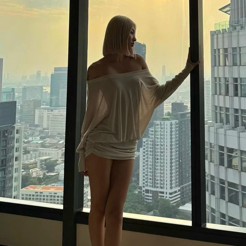 Sheer Off-shoulder along Sleeve Puff Mini Dress