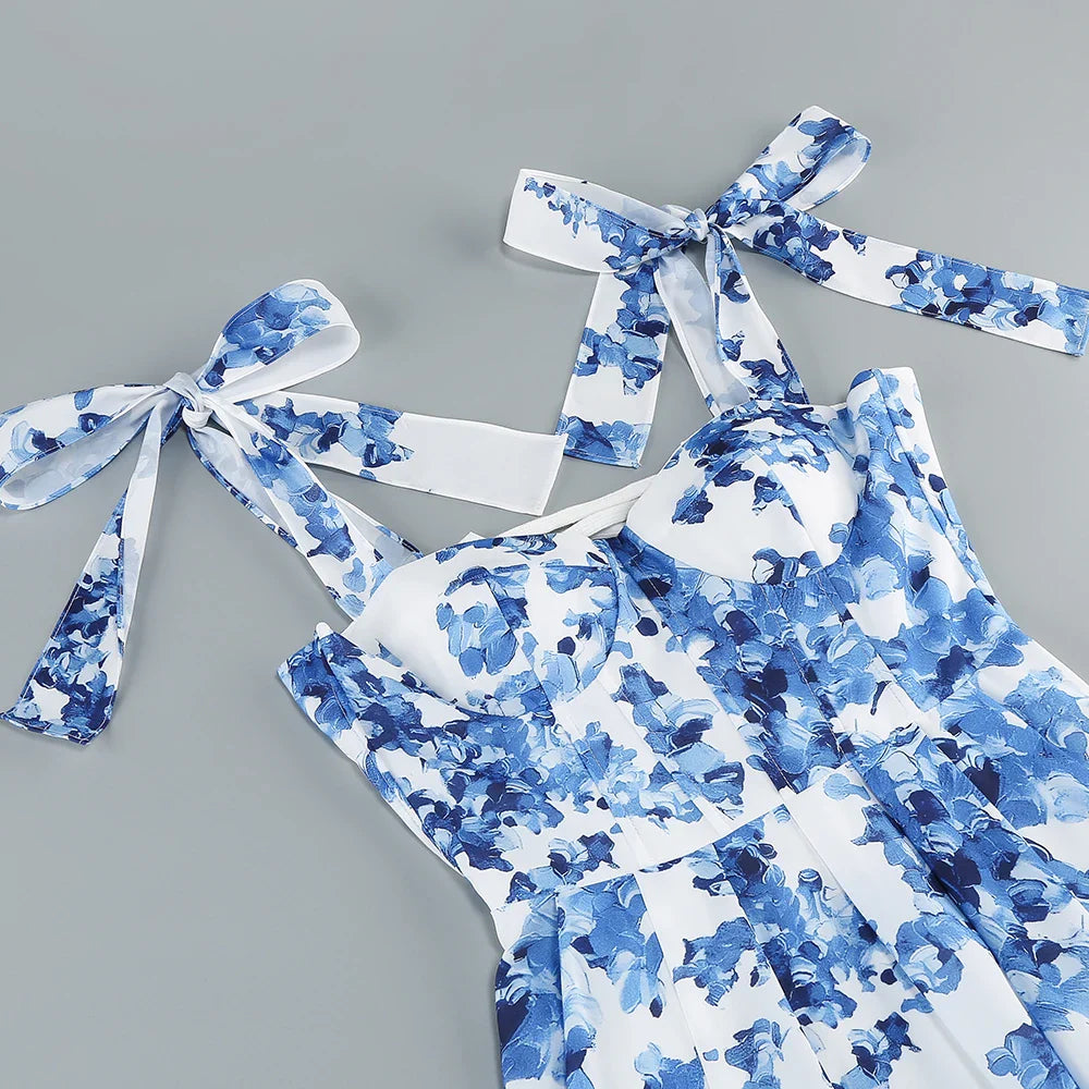 Floral Print Tie Up Buster Flare Mesh Midi Dress