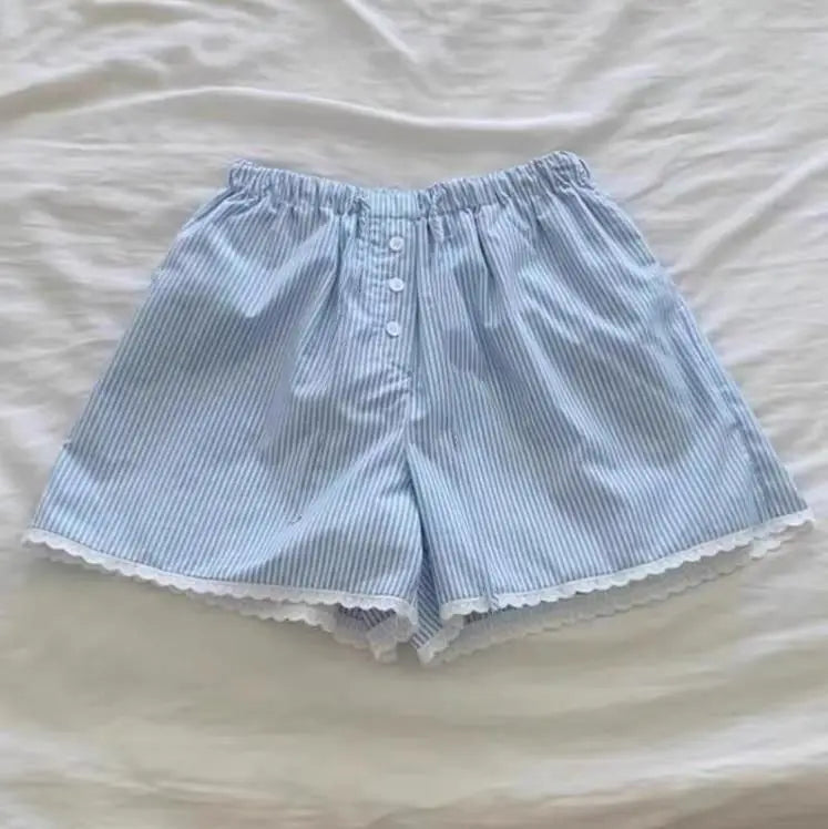 Blue Stripe Lace Trim Boxer Shorts