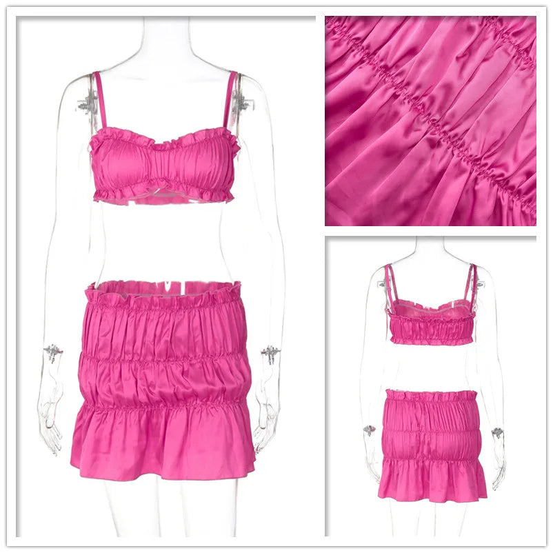 Ruched Satin Bralette And Mini Skirt Set