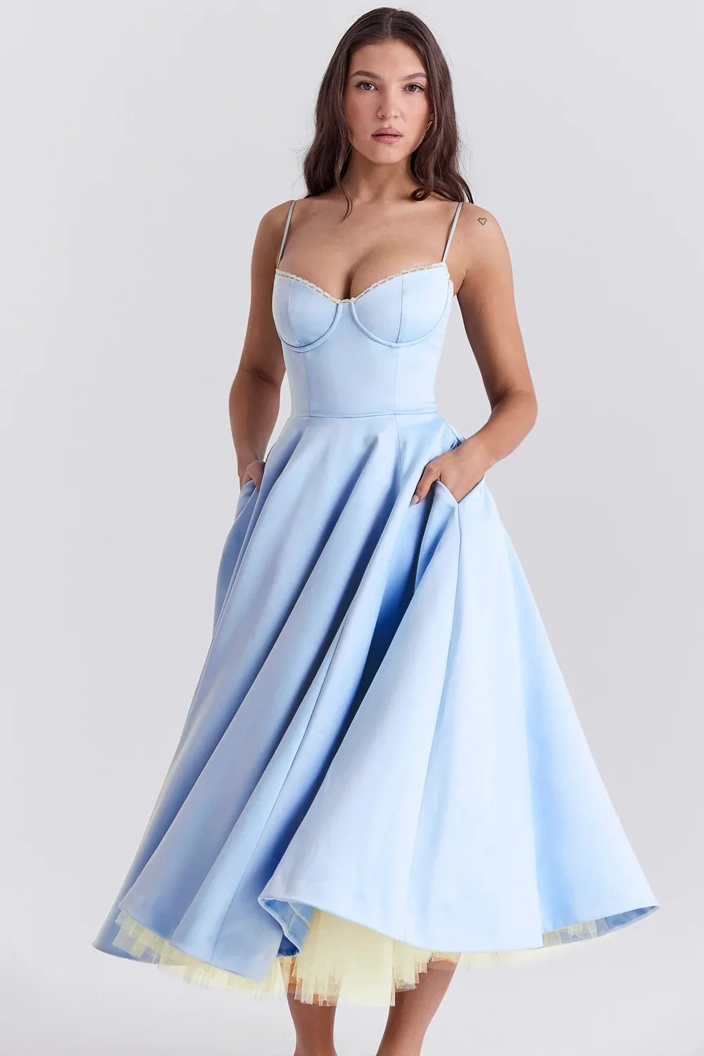 Satin Bustier Strap Tulle Midi Dress