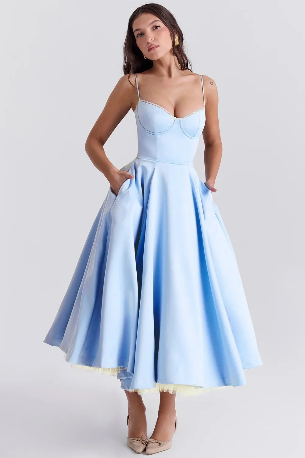 Satin Bustier Strap Tulle Midi Dress