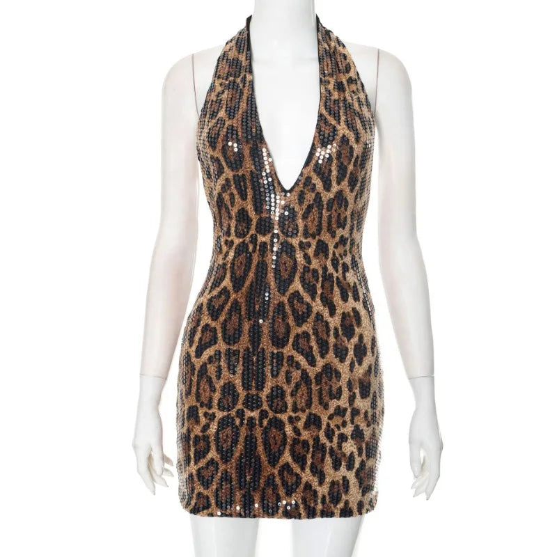 Leopard Print Sequin Deep Neck Halter Mini Dress