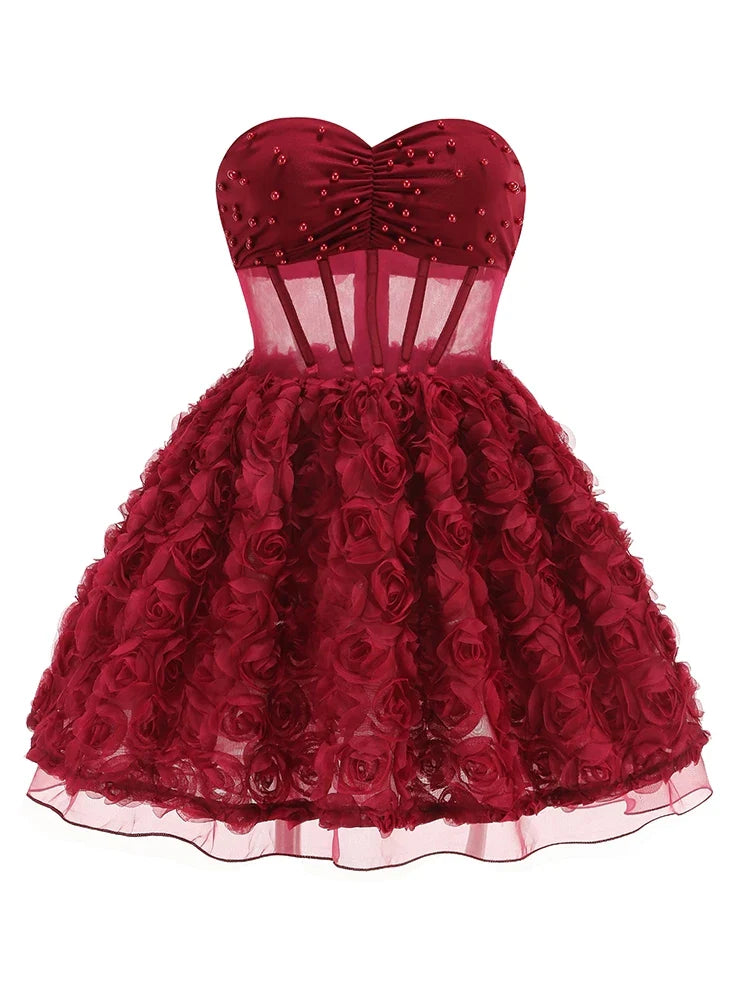 Red Mesh 3d Floral Frill Beaded Strapless Mini Dress