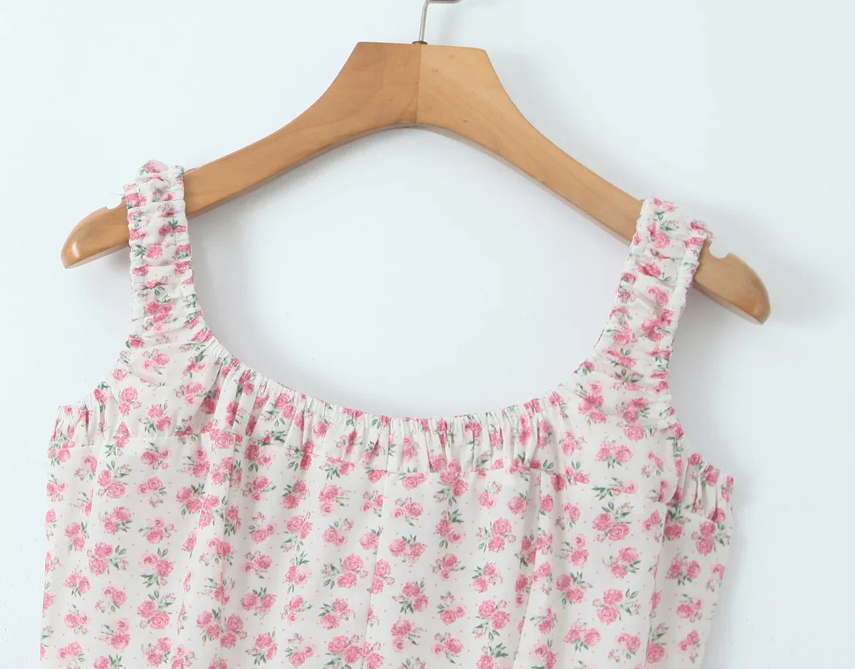 Floral Print Square Neck Strap Flare Midi Dress