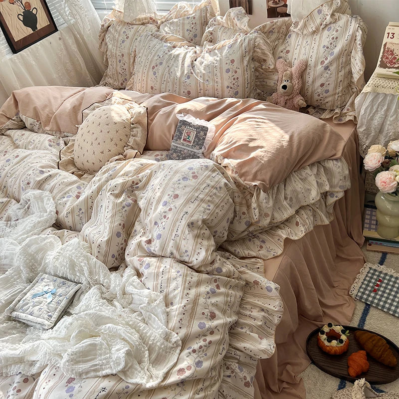 3/4Pcs Korean Princess Style Floral Ruffles Bedding Set Skin-friendly Soft Duvet Cover Set Bed Sheet Or Bed Skirt Pillowcases