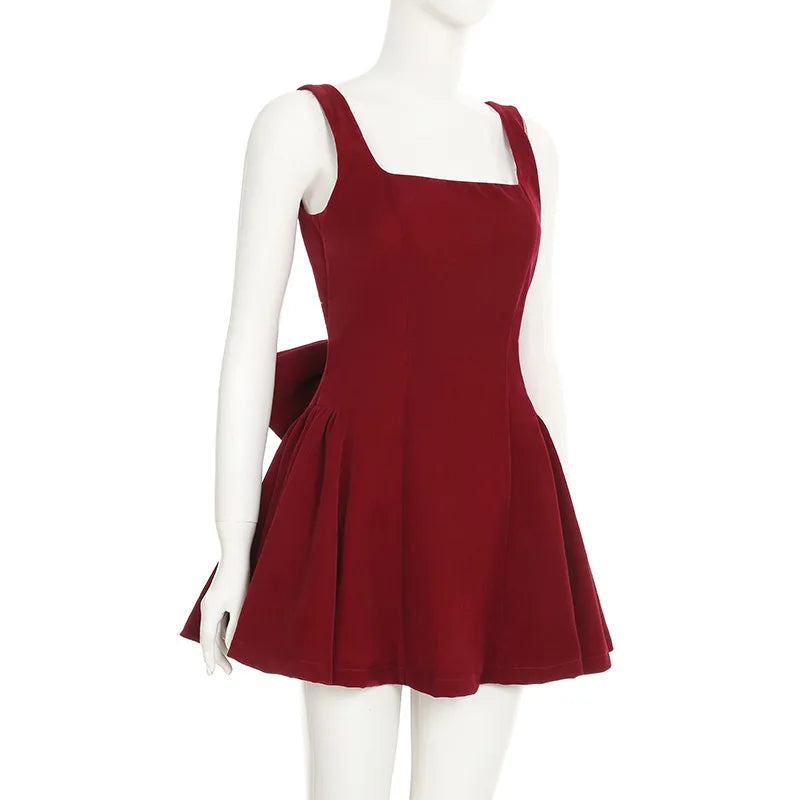 Red Backless V Cut Bow Mink Dress
